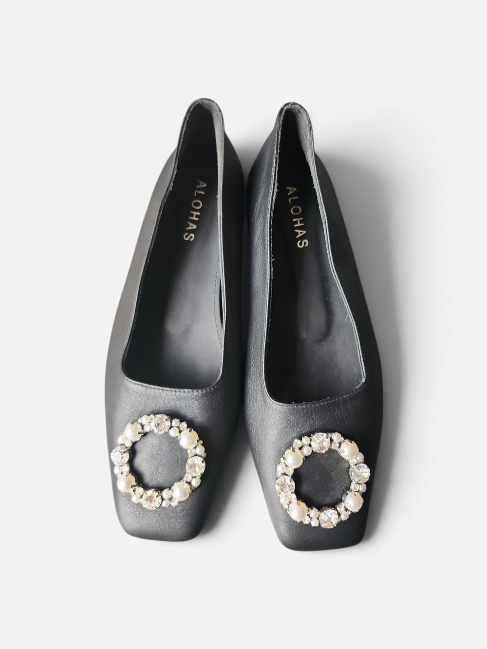 ALOHAS Leather Pearl Crystal Embellished Flats EU 37 US 6.5-7 Black Balletcore